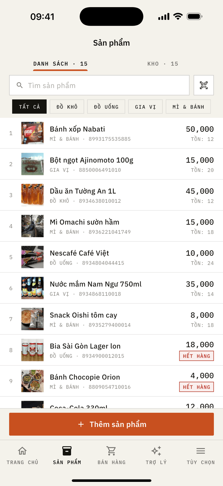 Solo POS product list with stock levels