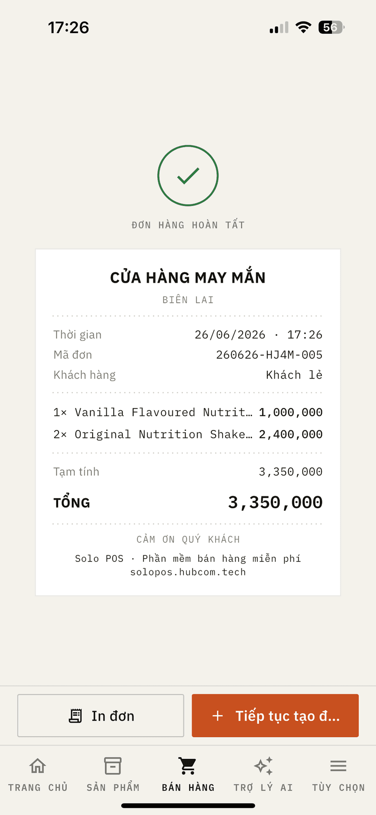 Màn hình biên lai Solo POS sau khi hoàn tất đơn hàng